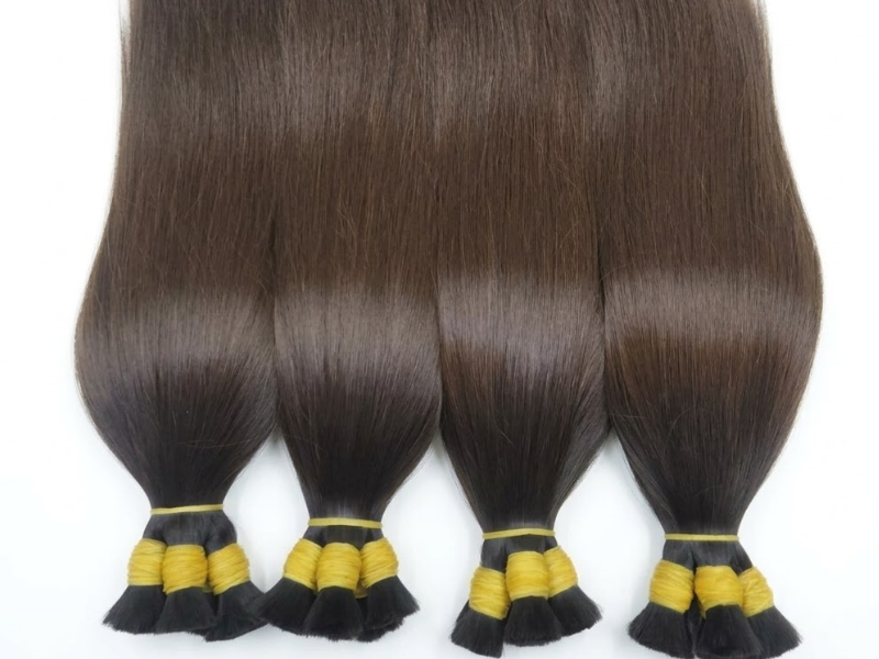 This image showcases the quality comparison of each hair bundle, highlighting Raw Hair, Virgin Hair, and Remy Hair standards. Each bundle is carefully selected and aligned to ensure cuticles run in the same direction, minimizing tangling and maximizing longevity.